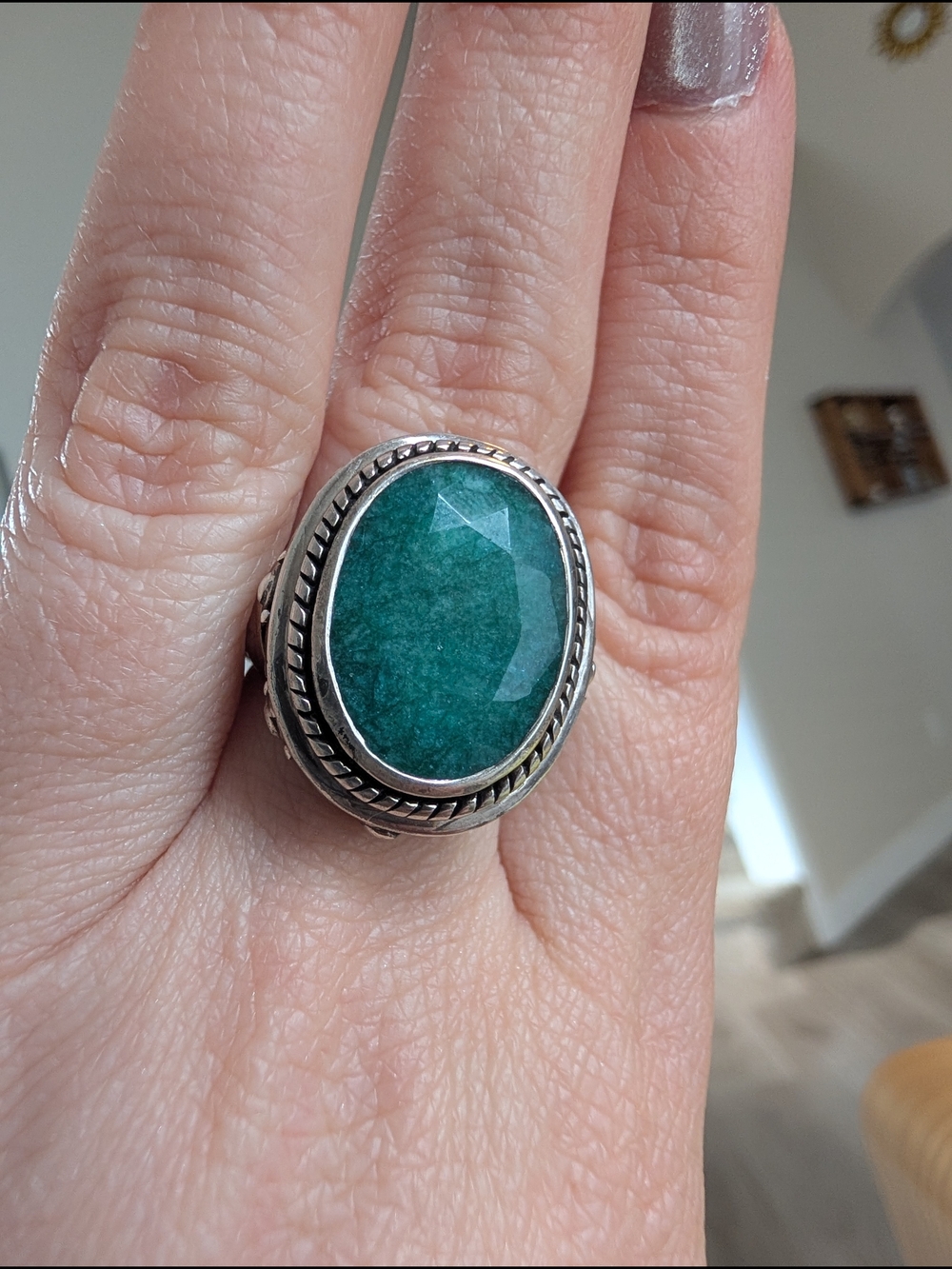 Vintage BJC Sterling Silver 925 Large Green Gemstone Statement Ring Size 7